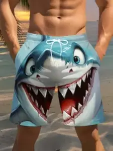 Men's Beach Shorts with Shark Pattern 3D Print, Casual Polyester Drawstring Waist, Summer Comfortable Swimwear, Golf Fishing Basketball Camping Gym