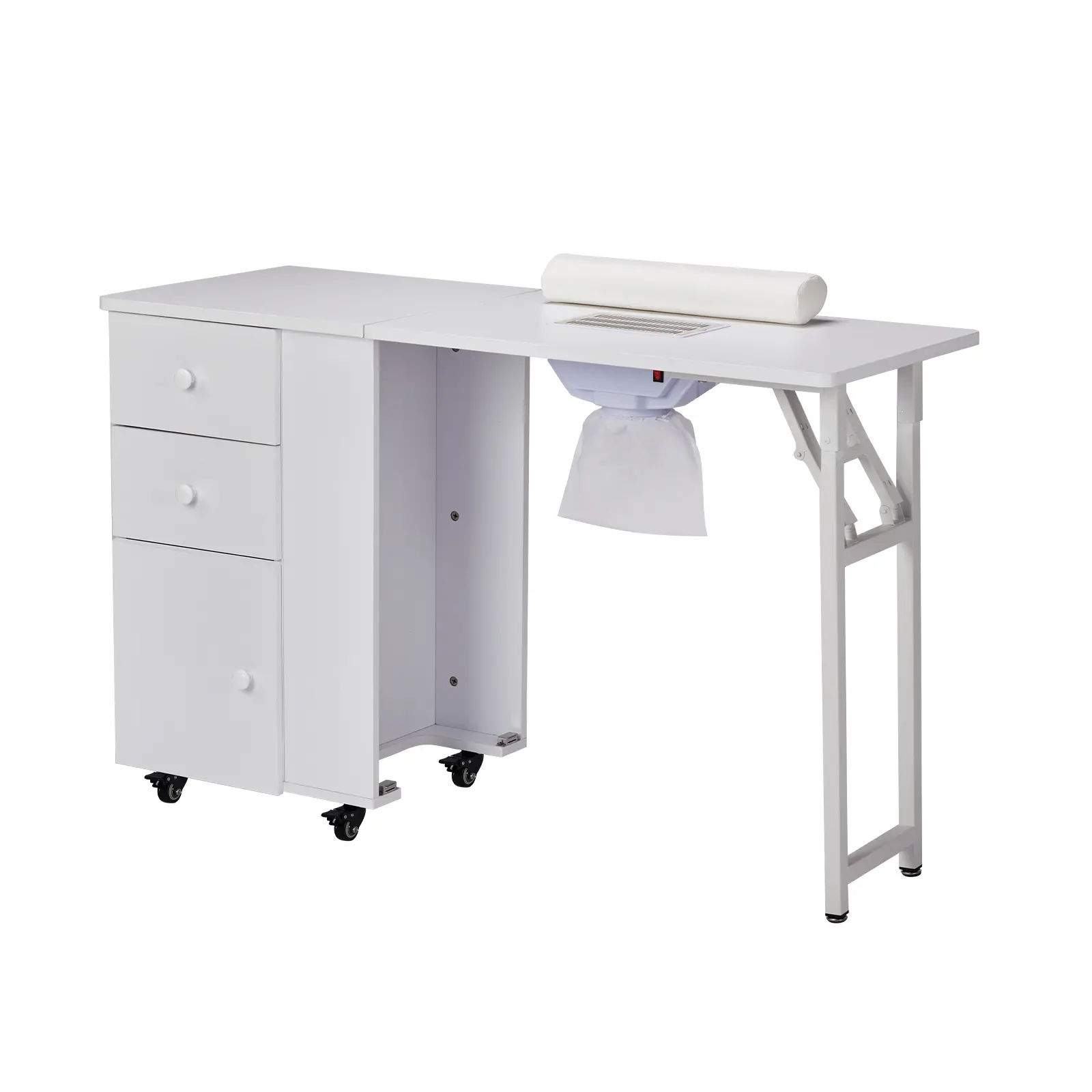 Foldable Manicure Table With Built‑In Electric Dust Collector, Wrist Cushion, 2 Drawers And Storage Cabinet, Lockable Rolling Casters, MDF Portable Nail Tech Workstation For Beauty Salon Spa Home Nail Studio