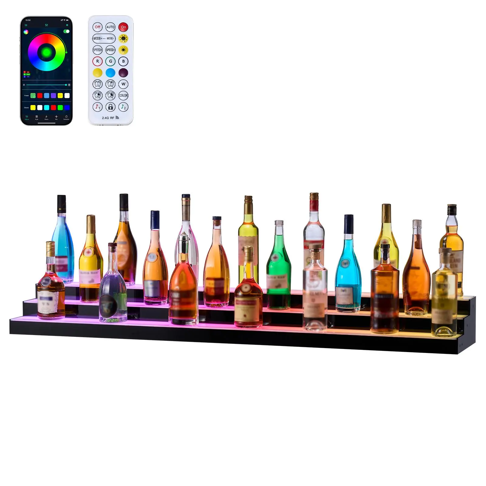 VEVOR Detachable LED-Lit Shelf, 3-Tier 60in Acrylic Vertical Display Home Bar Furniture with Lights, RF Remote & App Control, Type-C Cables DIY Setup, 9 Static Colors, Holds 45-60 Liquor Bottles