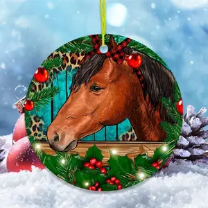 Elegant Brown Horse Christmas Ceramic Ornament, Cute Gift for Animal Lover - Circle, Star, Heart, Oval Shapes