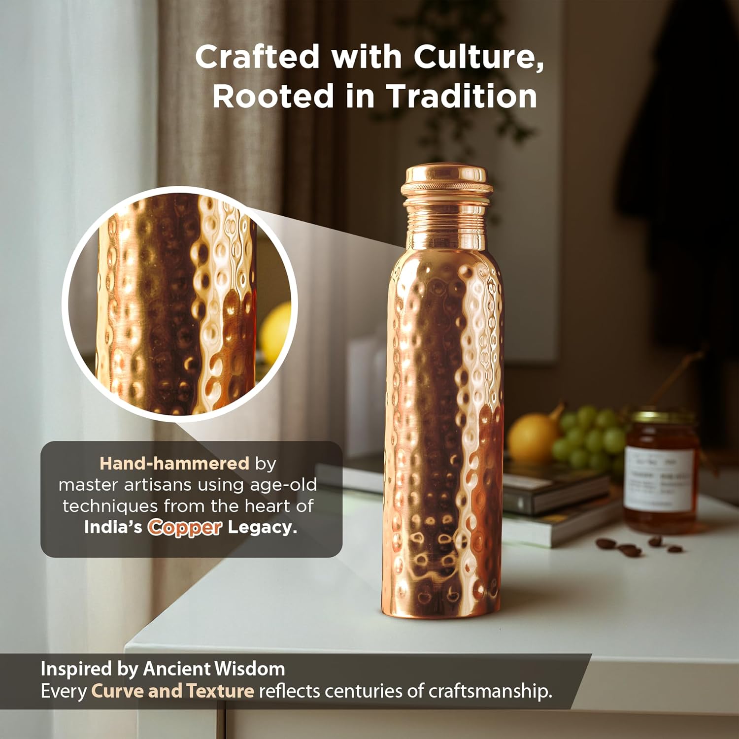 Pinnaclex New Launch Copper Water Bottle 34 Ounces | 100% Pure Copper For Ayurveda Health Benifit | Hammered Design Handmade For Drinking Water | Tested Leak Proof Lid