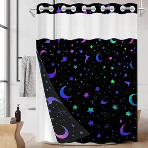 1pc hookless celestial shower curtain with lining, star and moon design 2D flat printing, fabric waterproof liner shower curtain with window, double-layer shower curtain, 71 x 74 inches, modern home curtain decoration, Bathroom Curtain, Room Decor