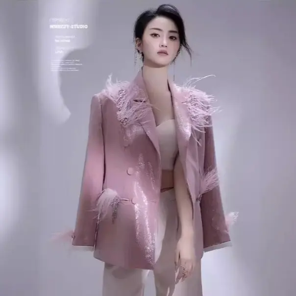 Pink Sequin Feather Blazer for Women, Double Breasted Sparkly Tailored Jacket, Gala Party Statement Coat