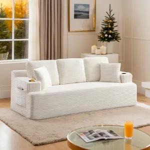 Eyisean 66.5''/86'' Boneless Loveseat Sofa Couch with Cup Holders & Side Pockets, Modern Corduroy Upholstered 2-Seat/3-Seat Couch with Throw Pillow, No Assembly Required, Cloud Floor Couches for Small Spaces, Living Room