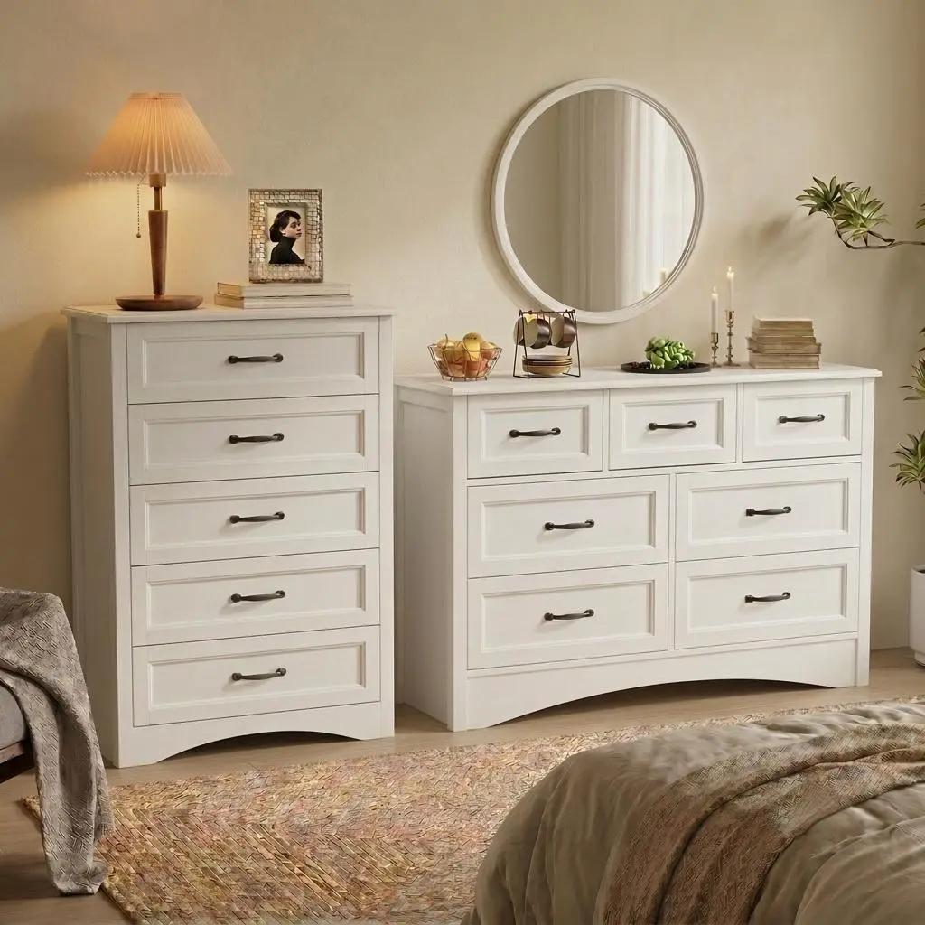 Gizoon 2-Piece Dresser Set – Includes 7-Drawer Tall Dresser & 5-Drawer Dresser, Available in Black, White, Retro, Modern & Farmhouse, Wooden Drawer Dresser, Drawercabinet