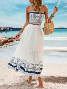 Women's Random Printed Beach Vacation Halter Top With Wrap Skirt Set, Women's Clothing for Beach Holiday, Romantic Style, Vacation Dress, Comfy Dress, Resort Dress, Womenswear