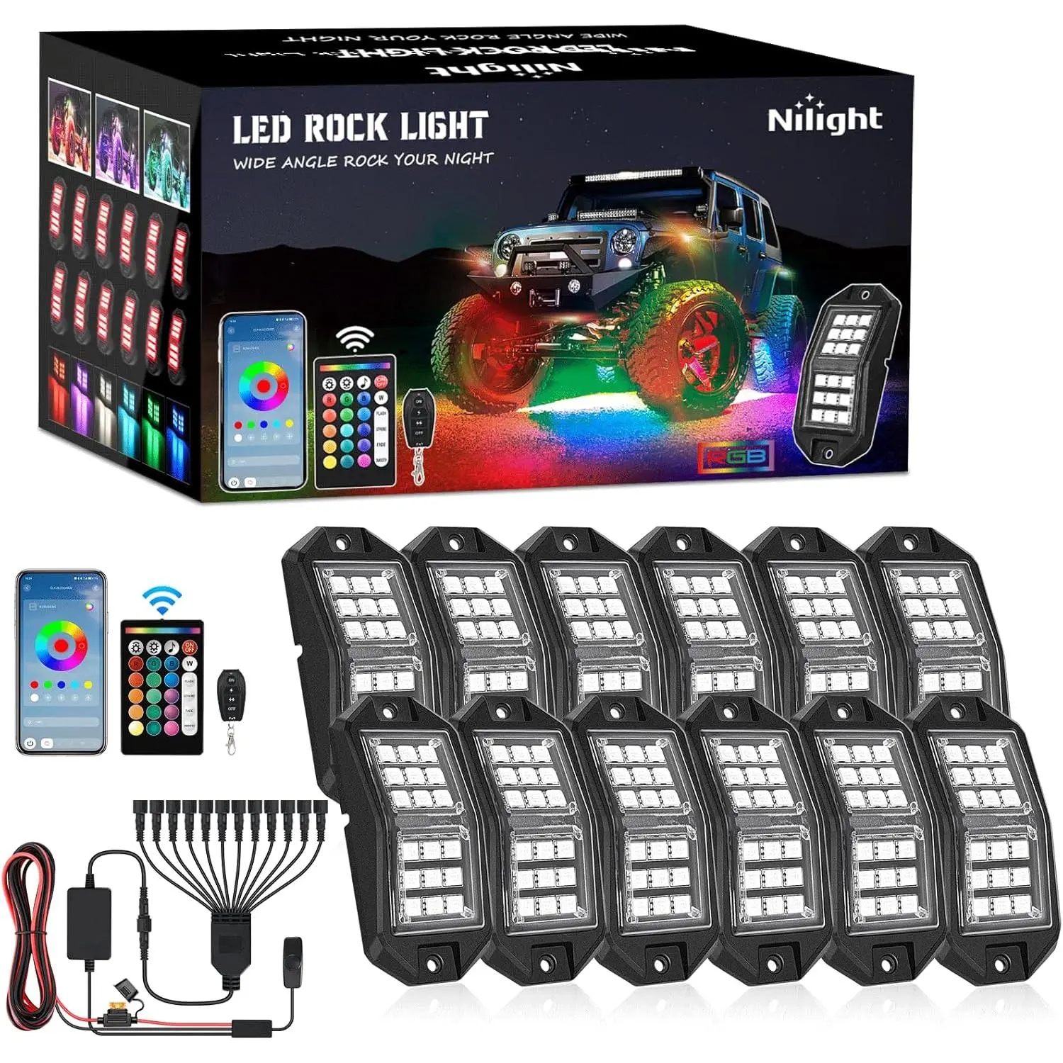 Nilight RGB LED Rock Lights Kit 12 PCS 18LED Wide Angle Wheel Well Light with Remote & Bluetooth App Dual Control Multi Modes Underglow Multicolor Neon Pod for ATV UTV SUV Offroad Truck RZR Boat, Interior Car Lights, Led Ambient Light Led Backlights