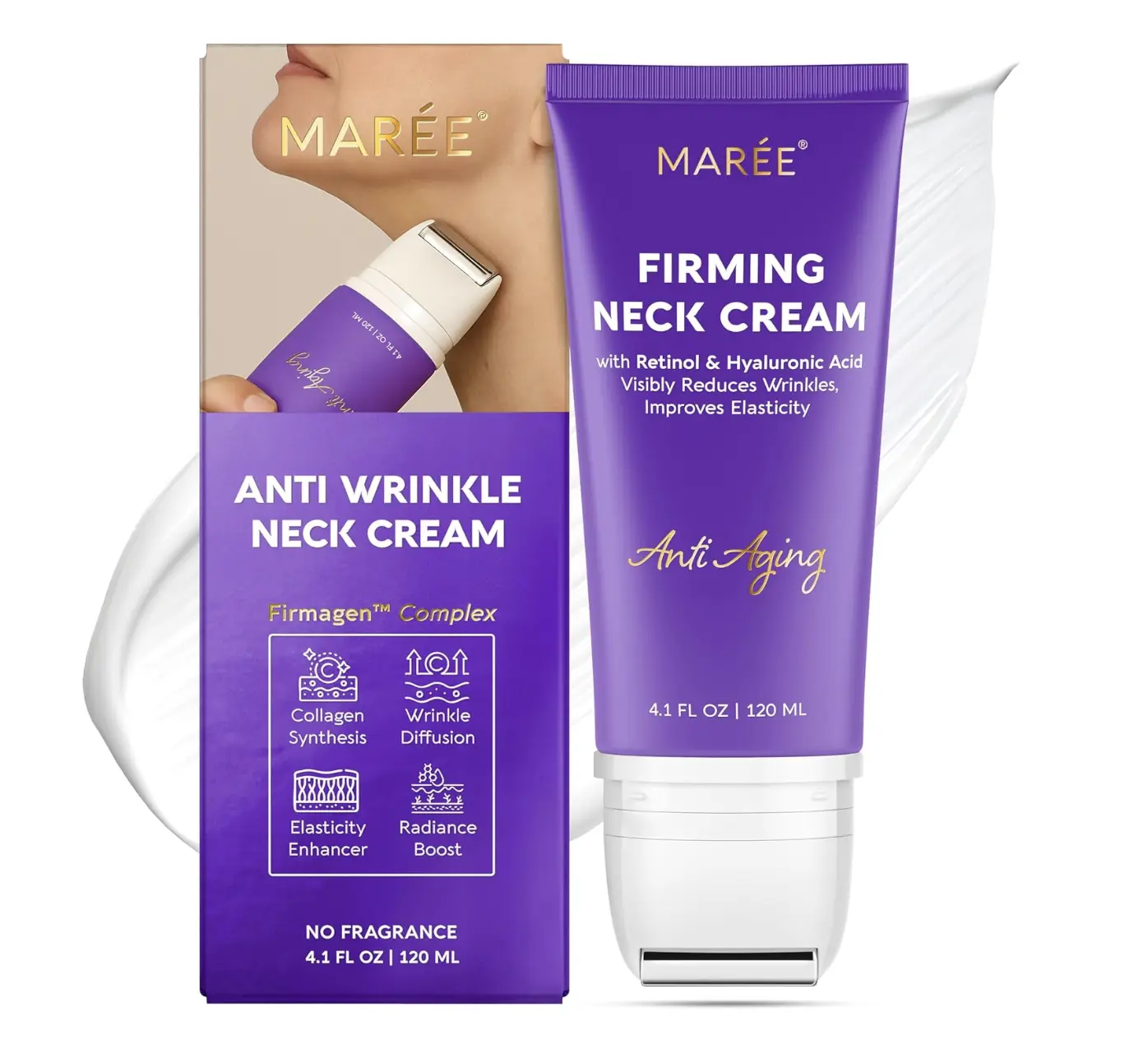 Firming Neck Cream MAREE with Face Roller Pro Retinol & AH-8 for Tightening Firming Anti Wrinkle Double Chin Cream for Women 4.1 FL OZ 120 ML