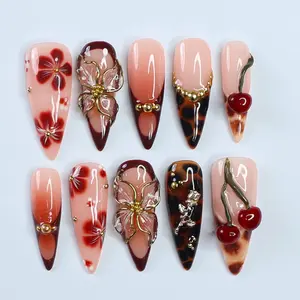 10 Pieces Medium Almond Shaped Burgundy Handmade Press On Nails, Cherry Floral Pattern with Gold Beads, Romantic Fake Nail Set for Date Night and Festive Looks, Includes Jelly Gel and Nail File