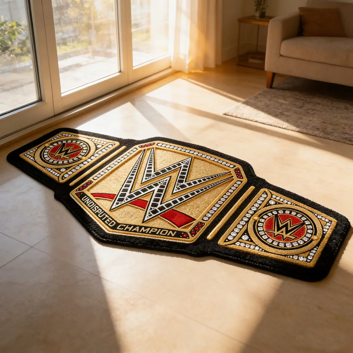 WWE Champion Belt-Shaped Velvety Rug, Resilient Non-Slip Decor Mat for Living Room Bedroom Wrestling Fan Collection