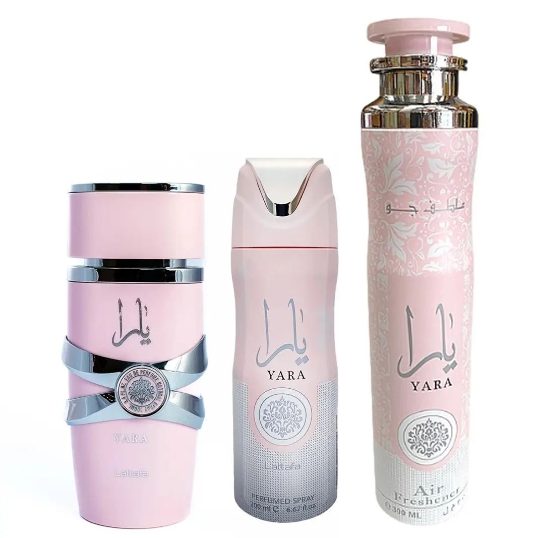 Lattafa Yara Women's 3-Piece Fragrance Combo Set - Adults' Clean Girl Perfume, Body Spray, Air Freshener, Citrus Floral Vanilla Aroma, Tropical Fruity Musk Scent, Signature Scent Gifting Bottle Pack, Tropical Fruity Scent