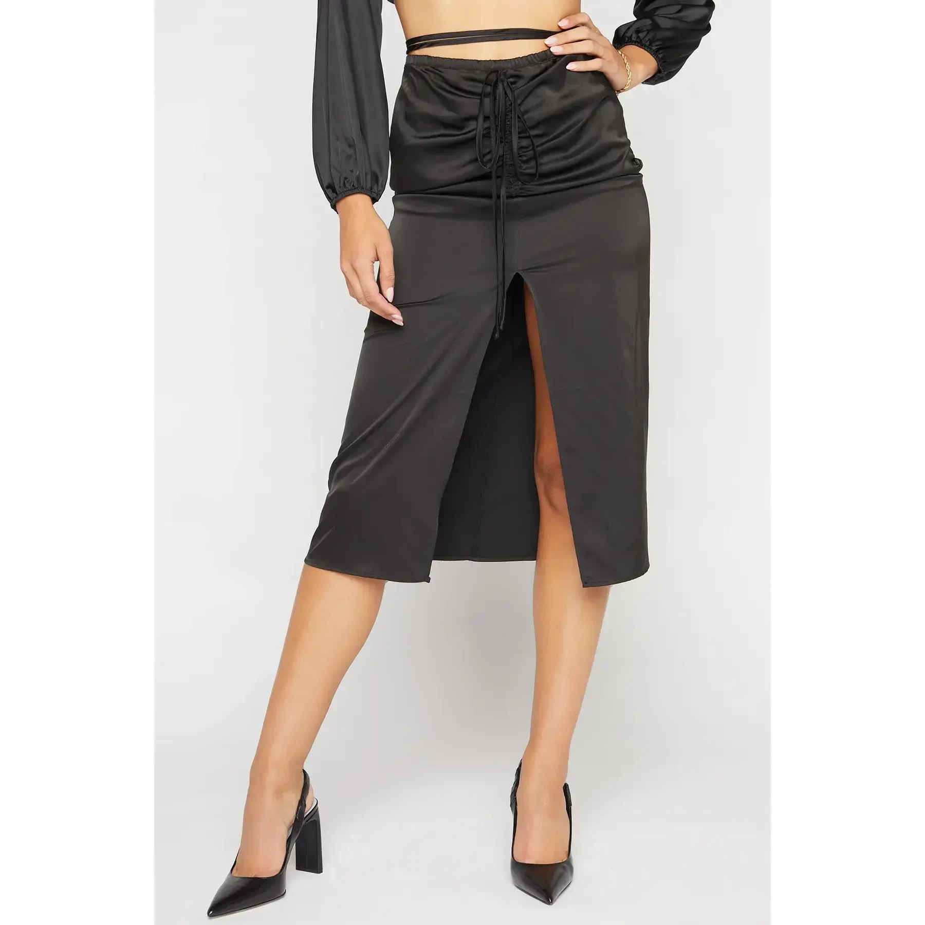 Women's Ruched, Slit-Front Sateen Skirt - GSS789