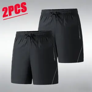 Men’s summer essential 2-pack athletic shorts—casual commuter sporty style. Made from breathable ice silk that feels cool against the skin and wicks away sweat, with zippered pockets for secure storage of phones and keys. Side reflective stripes enhance s