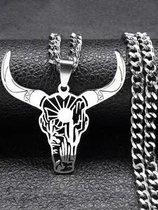 Fashion Cow Head Pendant Denim Style Necklace Cuban Link Chain Unisex Stainless Steel Silver Color Mexican Animal Theme Jewelry