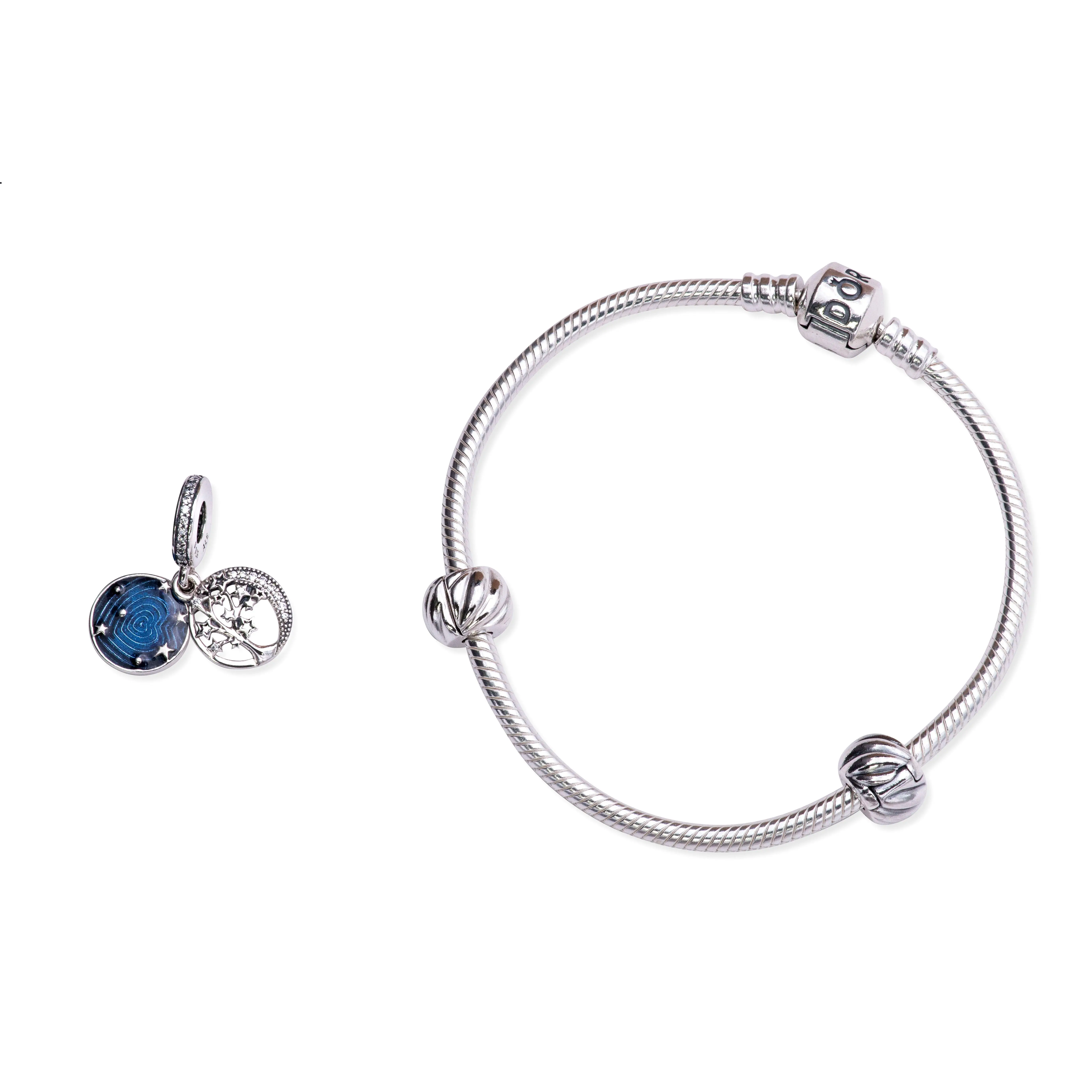 PANDORA Galaxy Moon Sterling Silver Bracelet Gift Set for Female Adults, Snake Chain with Dangle & Clip Charms, Cubic Zirconia, Polished Feather, Love You To The Moon And Back