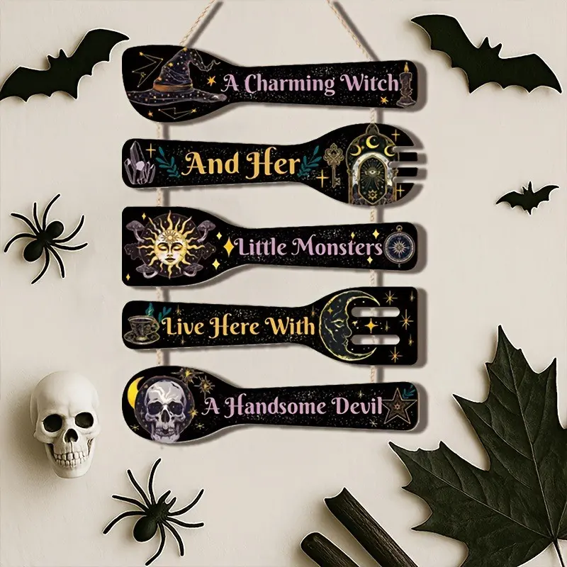 5-Piece Halloween Gothic Witch Wooden Wall Decor Set, Creative Home Decor, Rustic Spoon Shape, Witch Kitchen Hanging Sign, Phase Art, Home/kitchen/front Porch/office