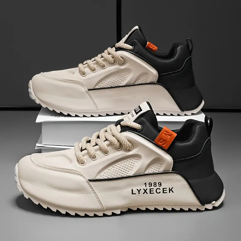 Men's Fashionable Waterproof Running Sneakers - Comfortable, lightweight, shock-absorbing, non-slip, durable sports shoes with soft PVC soles, suitable for casual and outdoor wear - Beige and black design