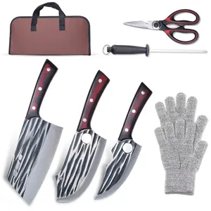 Butcher Knife Set with Bag，Meat Cleaver Full Tang Serbian Chef Knife High Carbon Steel for Meat Cutting Processing,Hand Forged Viking Carving Knife