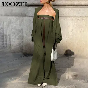 UOOZEE Women's 2026 New Summer Fashion Cotton Suit, Collarless Long Sleeve Outerwear Top and Wide Leg Jumpsuit Spring Summer Casual Streetwear Suit(Bust Runs Small - Check Size Guide or Order Larger)