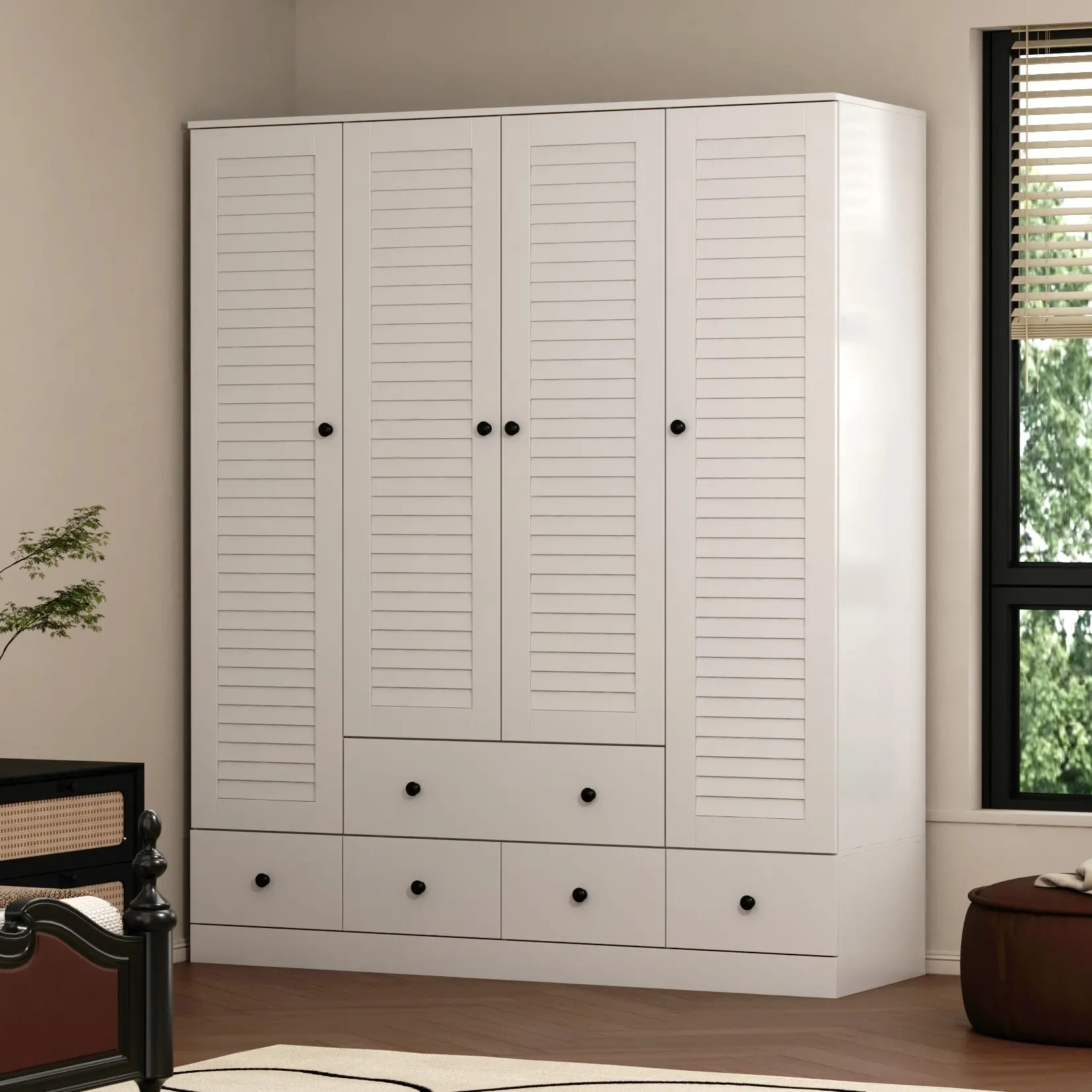 FUFU&GAGA Wooden Freestanding Wardrobe - 2-Color Engineered Wood Door-Opening Wardrobe, Multi-Tier Shelves, 5 Drawers, Hanging Rod, 4 Louver Doors, Drawer Organizer Dual Storage Cabinet for Bedroom, Engineered Wood Wardrobes