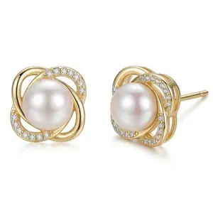 925 Sterling Silver Pearl Clover Stud Earrings, Twisted Petal Design with Diamond Accents, Elegant Everyday Jewelry Gift for Women