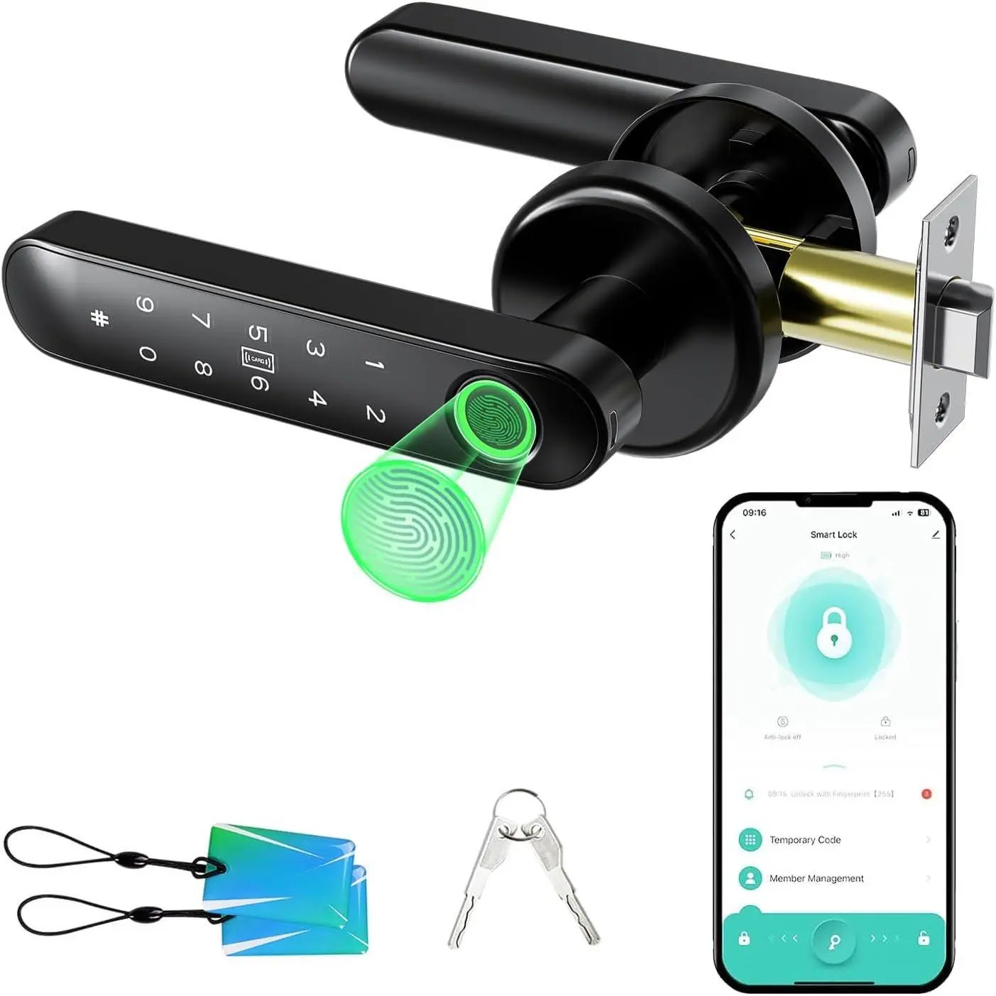 Fingerprint Door Lock Biometric Door Knob with Keypad Keyless Entry, 5-in-1 Door Locks for Bedrooms(Fingerprint/App/Code/Key/IC Card),  Hotel Office Apartment Black