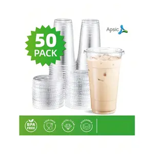 50 Sets Of Transparent Plastic Cups, 16/24/32 Ounce Disposable Iced Coffee Cups With Flat Lids, Smoothie Cups, PET Crystal Party Cups, Suitable For Iced Coffee, Smoothies, Milkshakes, Juices, Takeaway Drinks, And Cold Drinks