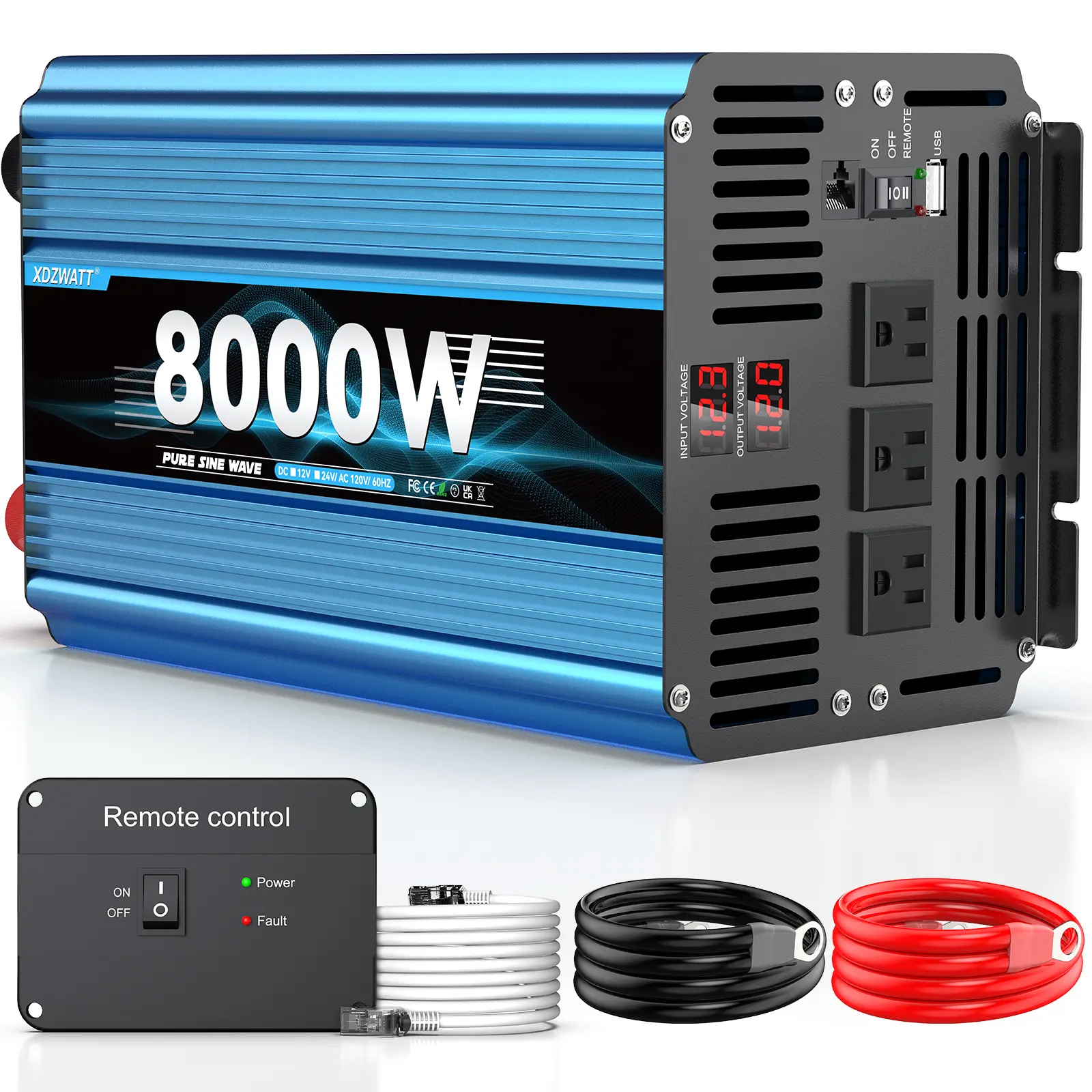 8000W Peak Pure Sine Wave Portable Power Inverter, 2026 New Design, 12V DC to 120V AC Converter, 3 American Standard Sockets, LCD Display, No Battery, for Cars & Motorhomes, Travel-Friendly (Home Improvement Solar & Wind Power Use), Energy Efficient Inver