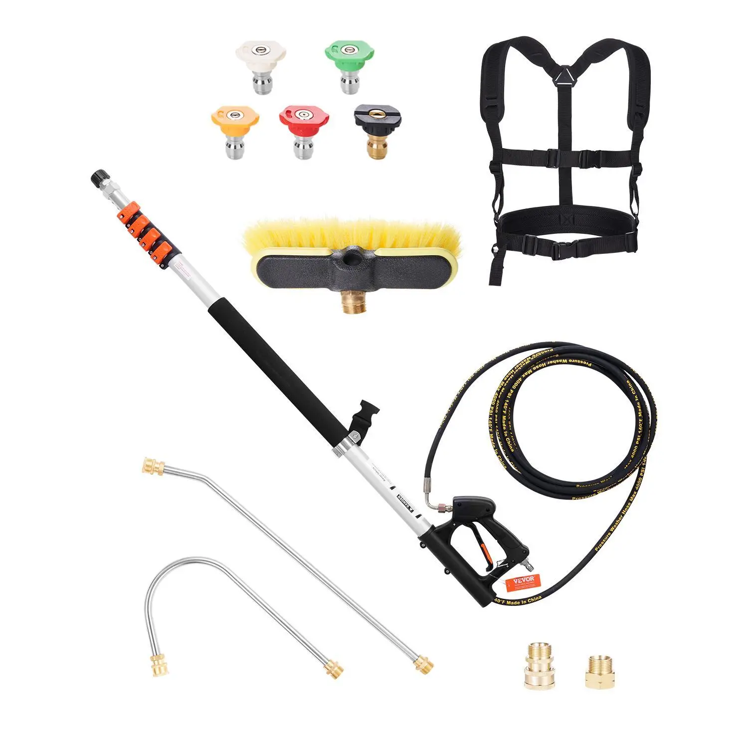 【SummerFinds】VEVOR Pressure Washer Telescoping Wand,  , 18 ft, 4000 psi, Telescopic Spray Wand with Power Washer Extension Wands, Gutter Cleaner, Brush Head, 5 Spray Nozzle Tips, Adapter and Adjustable Support Belt