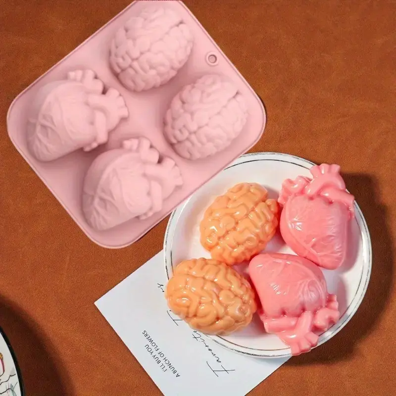 Silicone Cake Mold Heart Brain Design, 4-Cavity Chocolate Decorative Mould, Handmade Baking Tool for DIY Desserts & Cakes, Silicone Molds