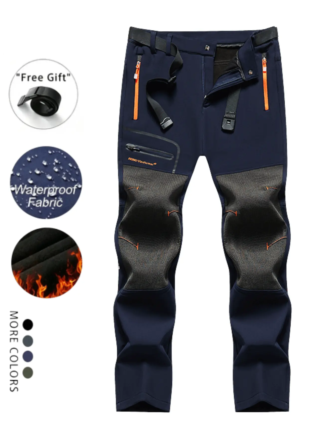 Men’s autumn/winter fleece-lined waterproof hiking pants — outdoor windproof, wear-resistant hardshell long pants (belt included)