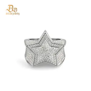 Delzzad 14K Gold-Plated Bling Pentagram Ring Round VVS Synthetic Moissanite S925 Unisex Hip Hop Iced Out Stars Ring Band Perfect for Any Occasion & Everyday Wear Birthday Anniversary Mother's Day Christmas Gifts for Men Women