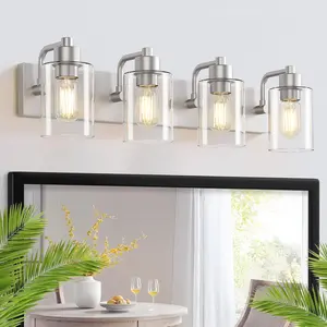 Brushed Nickel Bathroom Light Fixtures, Wall Mounted 4-Light Bathroom Lights Over Mirror with Clear Glass Shade,Wall Sconces for Kitchen Living Room Bedroom