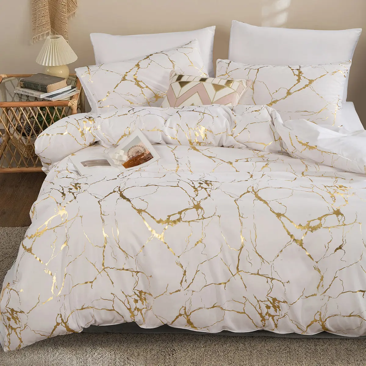 3-piece high-end super soft and breathable antique copper texture duvet cover set (1 duvet cover +2 pillowcases, no pillow core), suitable for all four seasons in both home and dormitory, queen size Bedroom Bedding Set Bed Sets Supplies