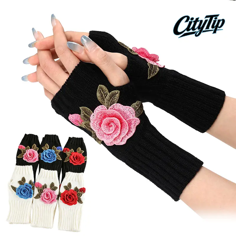 Women's Floral Embroidered Fingerless Knit Gloves, Warm Winter Arm Sleeve Mittens, Soft Ribbed Hand Warmers with Rose Flower Design, Touchscreen Half Finger Gloves, Fashion Vintage Cozy Gloves for Women,Cute Y2K Aesthetic Winter Gift, Outdoor Riding,