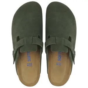 SOFTYOHO Clogs for Women Men, Mules with Arch Support and Adjustable Buckle, Suede Leather Cork Footbed Potato Shoes Footwear Boy