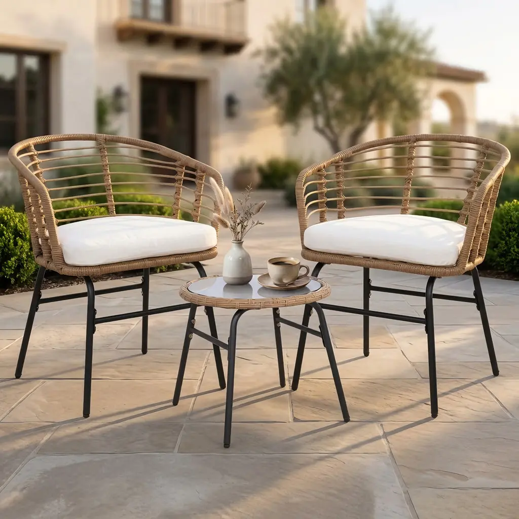 3 Piece Patio Furniture Set Outdoor Bistro Conversation Set Hand-Woven PE Rattan Chairs with Thick Cushions Tempered Glass Top Table for Balcony Porch Yard Garden Small Space Poolside Heavy Duty 400lbs Capacity New Upgrade