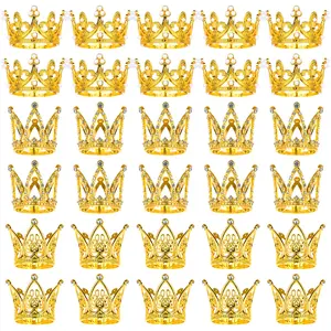 30 Pcs Retro Alloy Gold Round Light Rhinestone Mini Crown Ornaments - Pearl Tiara Cake Topper, 3-Style Wedding & Birthday Party Supplies