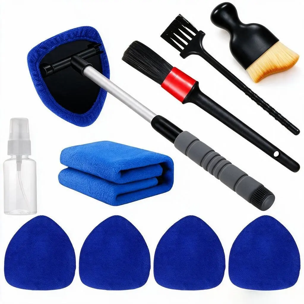 10PCS Windshield Cleaner Tool Kit - Car Glass Cleaner with Extendable Handle, 180° Rotatable Head, 4 Reusable Microfiber Pads, 3 Vent Brushes, Spray Bottle, Streak-Free Auto Glass Wiper for Interior Car Detailing & Car Wash Kit