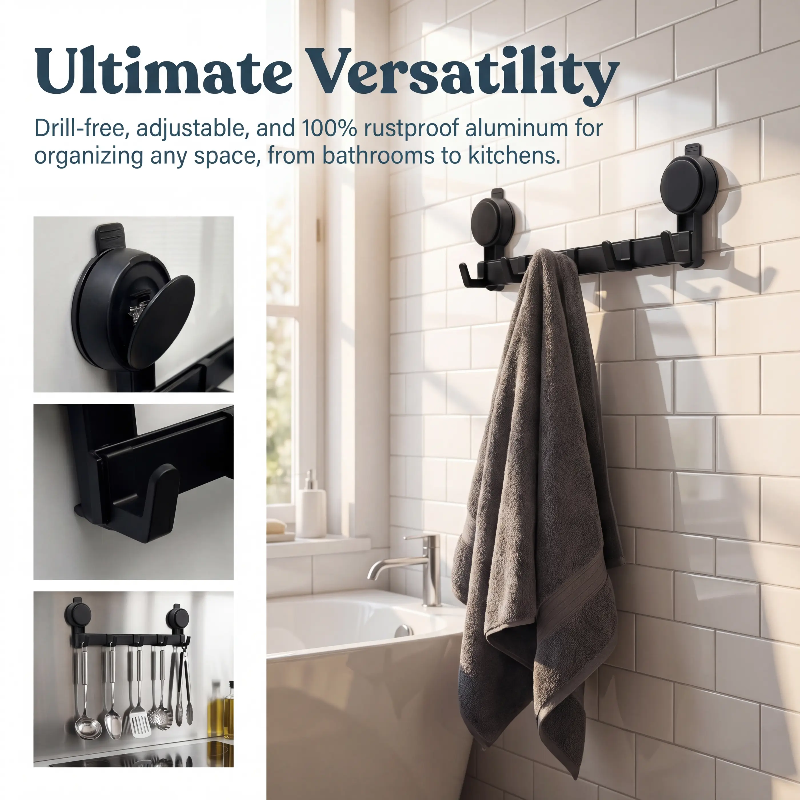 Contemporary 5-Hook Ultra-Strong Adjustable Suction Cup Wall Hook Bars - No-Drill Removable Wall Mount Suction Cup Bars, 100% Waterproof Multi-Use Hanger for Bathroom, Kitchen, Bathroom Hacks