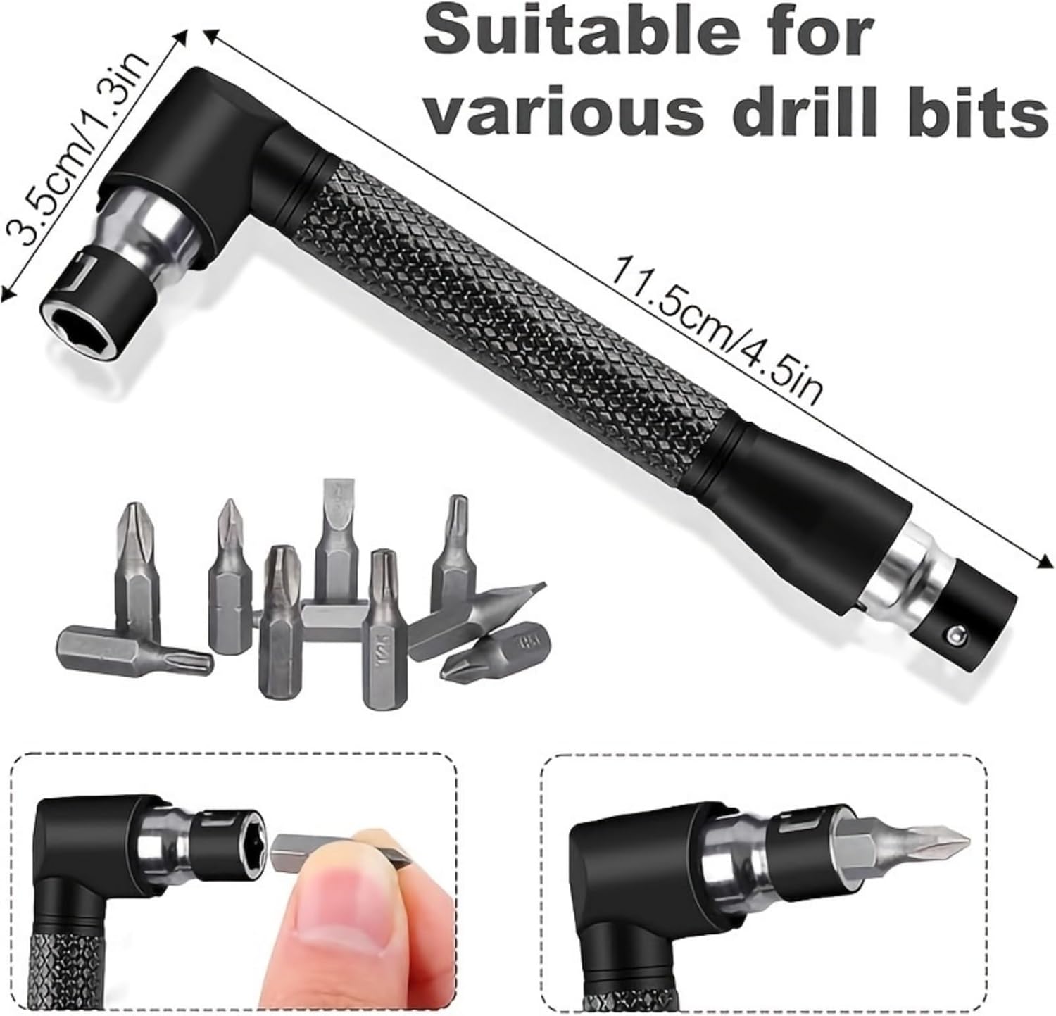 6-Piece Right-Angle Drill Attachment Set, Includes 3 360° Rotatable Socket Adapters, 2 Hex Shank Drill Adapters, 90° Beveled Drill Bits, Drill Tool