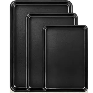 Set of 3 nonstick baking pans for oven use , available in three sizes; suitable for baking nonstick fruit jelly rolls and can replace heavy-duty oven racks—black rectangular cookie/cake pan set- Bakeware