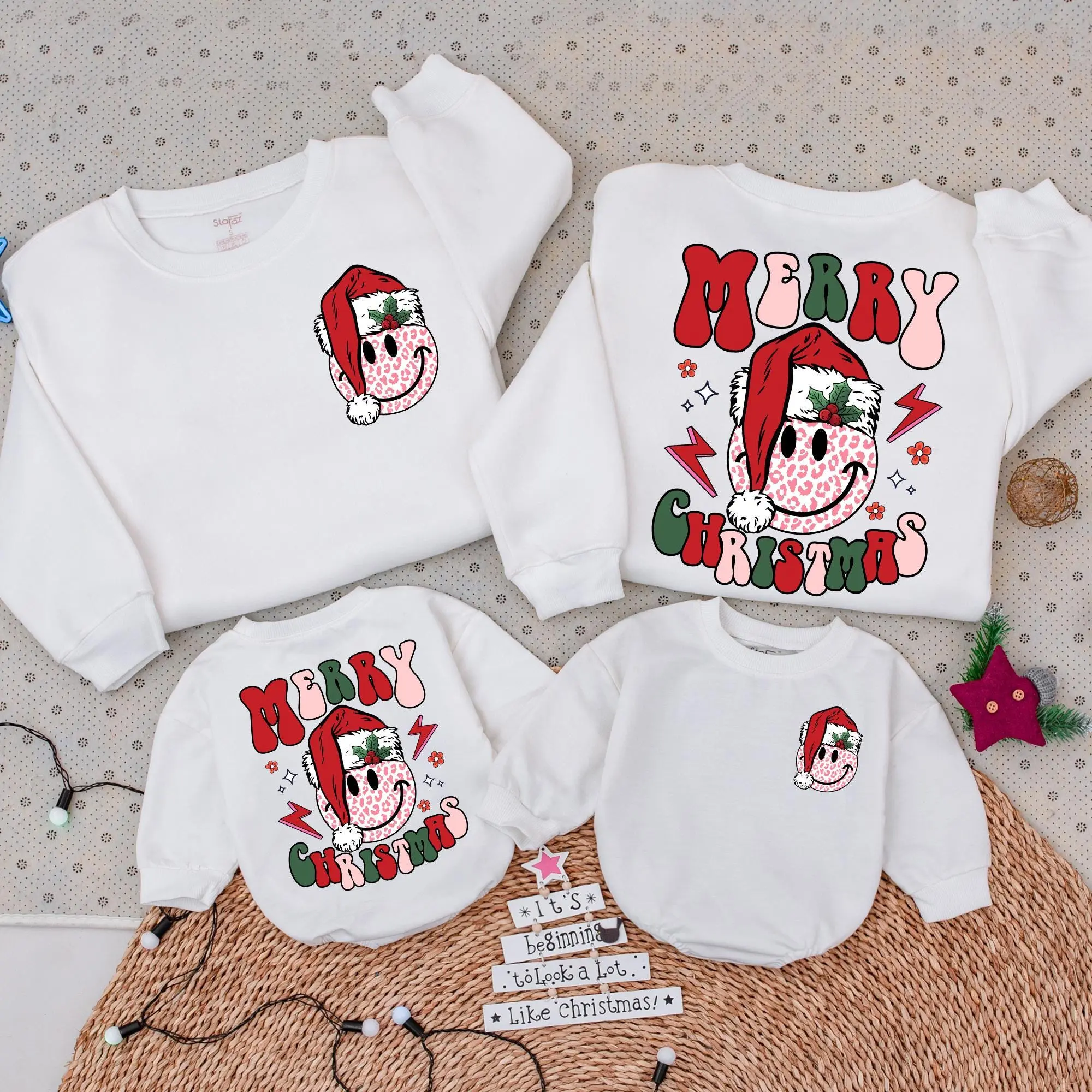 Personalized 2-sided Groovy Merry Christmas Smiley Leopard Sweatshirt & Baby Romper Gift Family Matching Retro Holiday Outfits Fun Gift for All Ages