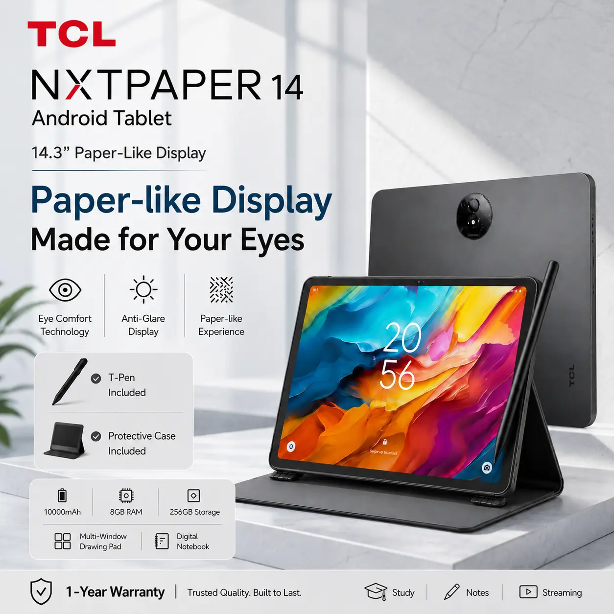 TCL NXTPAPER 14 Android Tablet, 14.3" Paper-Like Display Drawing Pad, Digital Notebook & Musician Tablet with 4096-Level Stylus & Flip Case, 8+8GB RAM, 256GB Storage, 10000mAh, Multi-Window, Gray