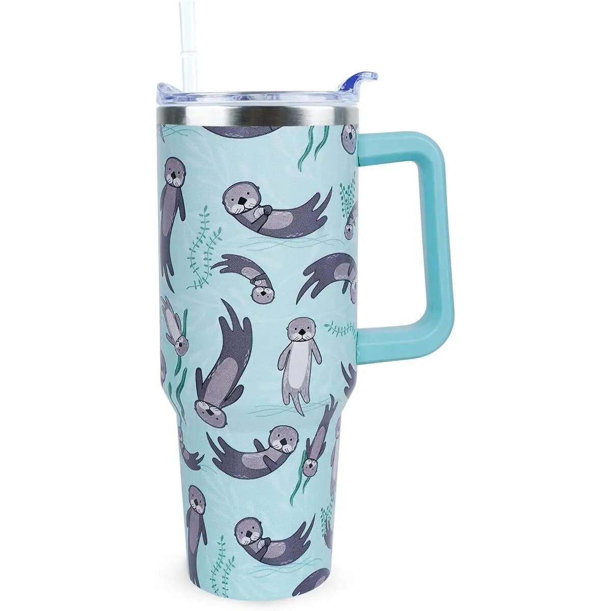 40oz Cute Sea Otter Insulated Stainless Steel Double-Walled Tumbler - Insulation Kitchenware Drinkware with Handle, Lid, Straw, Portable Travel Coffee Mug, Women's Birthday Gift