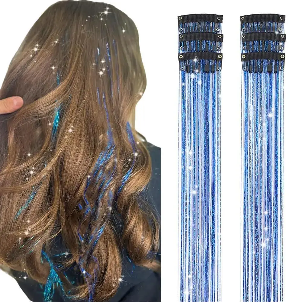 AISI HAIR 20 Inch 6 Pcs Clip-in Hair Tinsel Kit  Heat Resistant Glitter Tinsel Hair Extension Clips, Fairy Hair Sparkle Strands Festival Gift Party Dazzle Accessories for Women Synthetic Wiglets