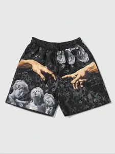 Men's Regular Fit Hand & Star Print Boxer Brief Swim Shorts, Casual Comfy Breathable Swim Shorts for Summer, Men's Swimwear for Beach Swimming, Swim Trunks