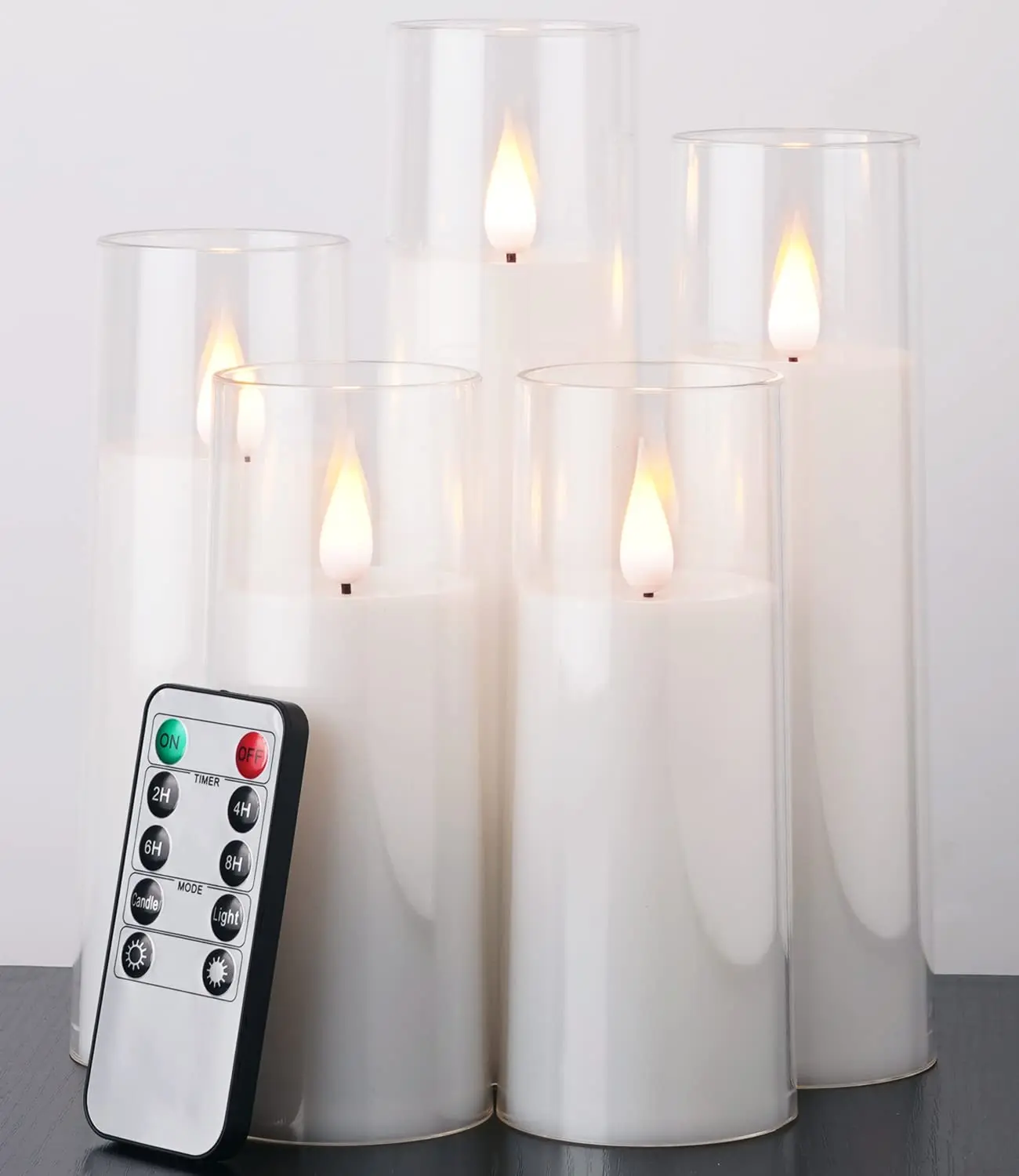 Pure White Flameless Candles, Battery Operated Candles, Acrylic Flickering LED Pillar Candles with Remote Control and Timer, 3D Wick, Yellow and Blue Glow, D2.2 xH5 5" 6" 7" 8", Set of 5 Back to School Summer Sale Deals