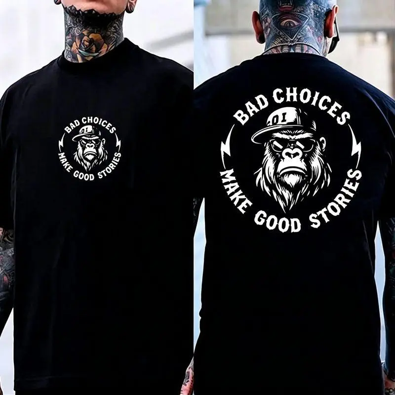 Men's 100% Cotton Streetwear Graphic Tee - Breathable All-Seasons Oversized Round Neck Short-Sleeve Top with Front-Back Gorilla Double Print, Comfy Casual Menswear Favorite