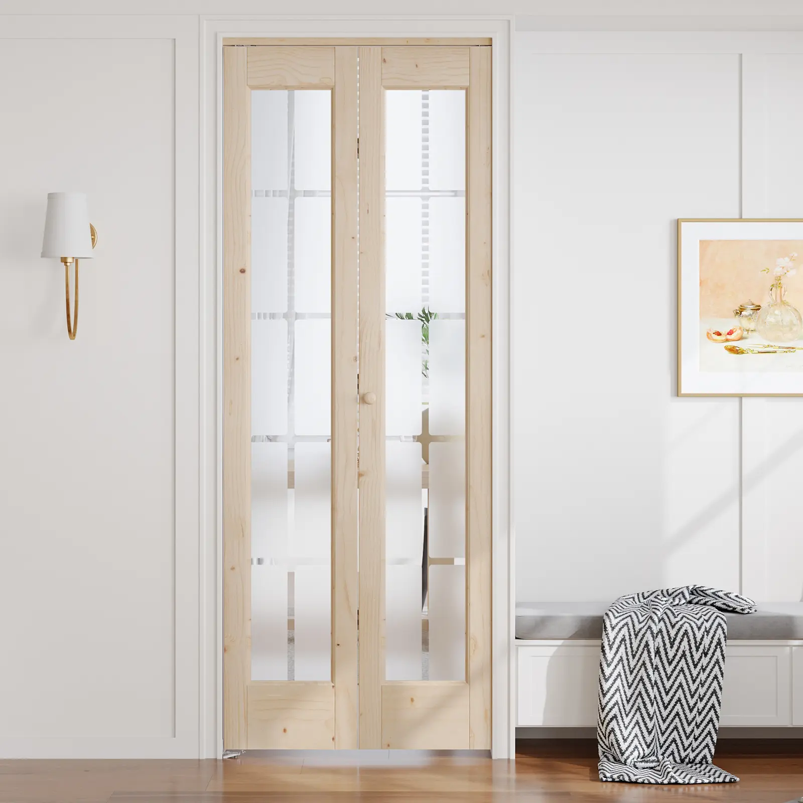 Easelife Natural Wood French Cross Bi-Fold Frosted Tempered Glass Door - Interior Mount, Interior Use, Hardware Kit Included, Folding Glass Doors, Frosted Glass Doors, Folding Doors